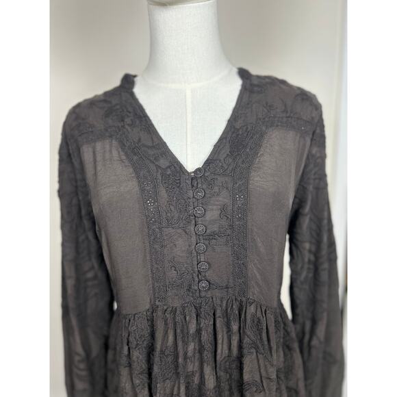 Johnny Was Embroidered Eyelet Midi Dress Size S Black Long Sleeve Ruffle NWOT - Picture 4 of 7
